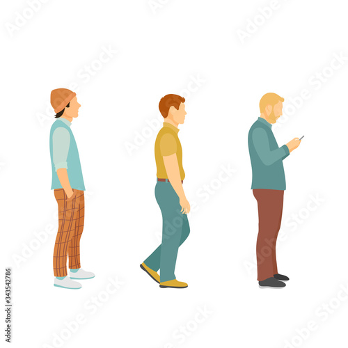 Three men in modern clothes in full growth stand in line after each other, cartoon vector illustration