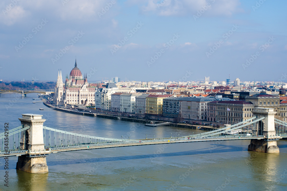 Skyline panorama of Budapest, Chain Bridge, Hungarian Parliament and houses.