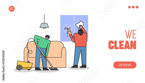 Concept Of Cleaning Service. Website Landing Page. Man And Women Vacuuming Floor And Clean Windows. Characters Doing Wet Cleaning In Room. Web Page Cartoon Linear Outline Flat Vector Illustration