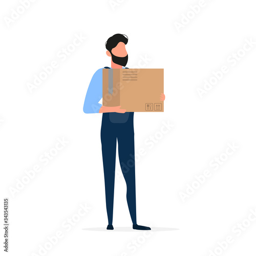 Loader holds a cardboard box. The guy with the box is isolated on a white background. Vector.
