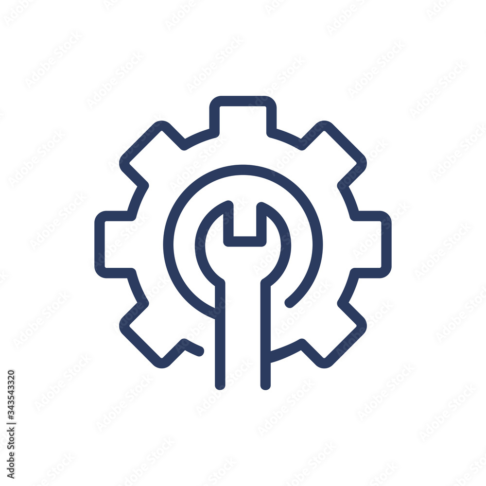 Wrench and gear thin line icon. Machinery, cogwheel, mechanism isolated outline sign. Repair and maintenance concept. Vector illustration symbol element for web design and apps Wrench and gear thin line icon. Machinery, cogwheel, mechanism isolated outline sign. Repair and maintenance concept. Vector illustration symbol element for web design and apps