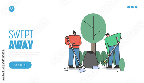 Website Landing Page Environment Protection With Volunteers Take Care Of Nature, Collect Plastic Litter Into Bags In Forest Or In Park. Web Page Cartoon Linear Outline Flat Style Vector Illustration