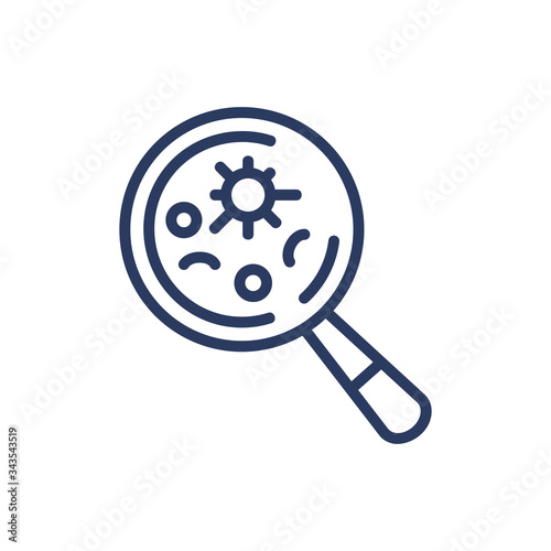 Microorganisms under magnifier thin line icon. Virus, glass, bacteria isolated outline sign. Healthcare and virology concept. Vector illustration symbol element for web design and apps
