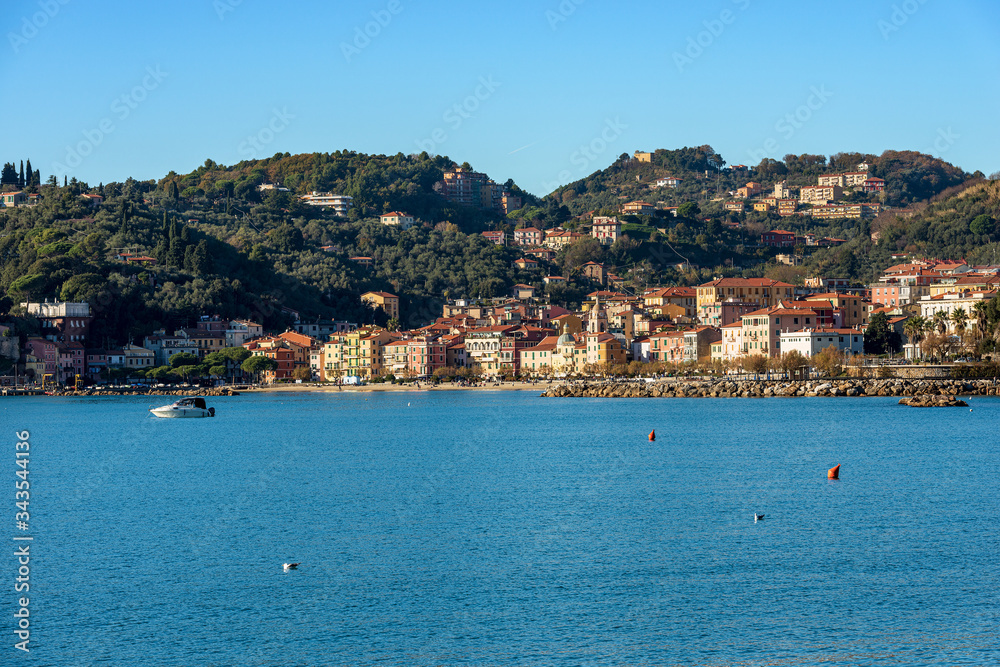 The small San Terenzo village in the Gulf of La Spezia, municipality of Lerici, Mediterranean sea, Liguria, Italy, Europe