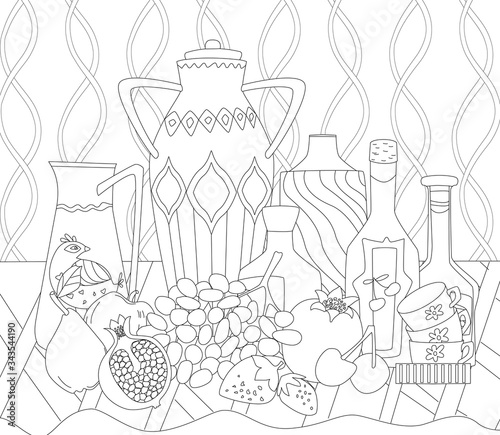 cozy kitchen with bottles, jugs and different sweet fresh fruits