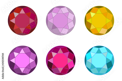Six unique buttons in the form of precious stones. Buttons in the form of stones of different colors. Buttons in the form of diamonds, topazes, rubies, chrysolite. Vector illustration. Stock Photo.