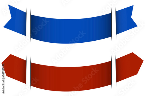 Two ribbons of red and blue saturated colors. Festive ribbons with different shapes of ends. Ribbons of a unique design and pattern on a white background. Vector illustration. Stock Photo.