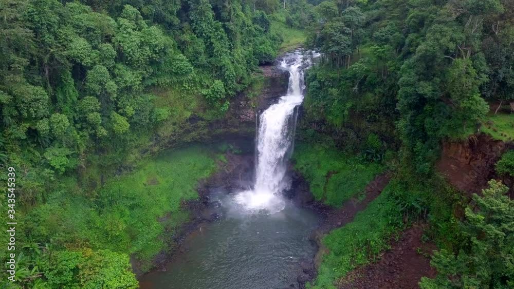 Aerial view of Tad E-tu waterfall in rainforest at Pakse and Champasak city Laos Aerial view of Tad E-tu waterfall in rainforest at Pakse and Champasak city Laos