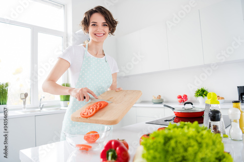 Photo of housewife attractive lady arms putting tomato slices into transparent glass plate enjoy morning cooking tasty salad preparing wear apron t-shirt stand modern kitchen indoors