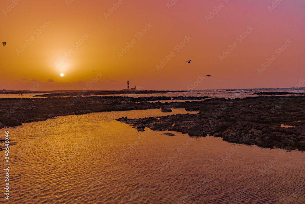 sunset on the surfers beach of Fuerteventura canary island in Spain