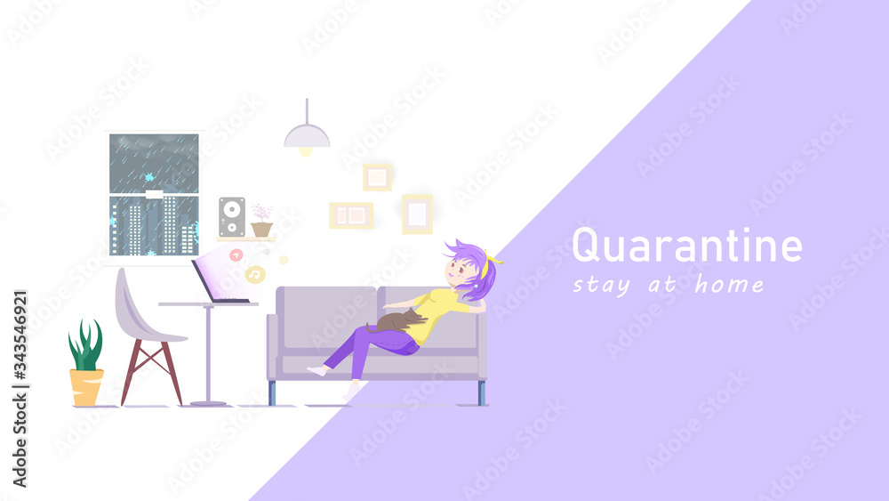 People quarantine, work at home, relax time, girl cartoon character flat design, home interior idea creative, web design background vector illustration