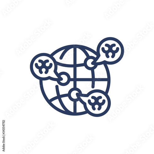 Virus worldwide distribution thin line icon. Global, pandemic, disease isolated outline sign. Healthcare and virology concept. Vector illustration symbol element for web design and apps