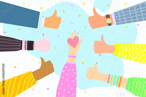 Youth Friday party. A lot of hands of young people showing thumbs up hand sign.