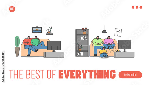 Family Leisure Concept. Website Landing Page. Young Couple Man And Woman Spending Time At Home. Characters Watching TV In Living Room. Web Page Cartoon Linear Outline Flat Style Vector Illustration
