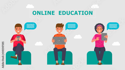Cartoon character Boy student Online education concepts.Distance Learning Information Technology vector illustration Education online Learn at home With the epidemic situation Content.