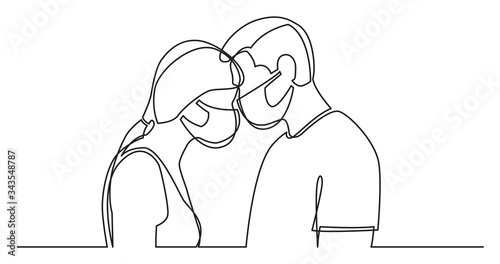 continuous line drawing of loving couple of man and woman in protective masks standing together