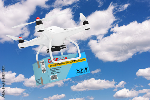 White Quadrocopter Drone Delivering Rapid Test Device for Viral Disease Novel Coronavirus COVID-19 2019 n-CoV Cardboard Box Package. 3d Rendering
