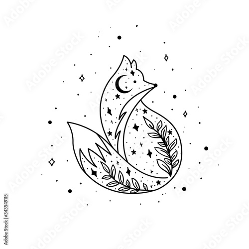 Mystical fox with moon and stars. Stars, constellations, moon.