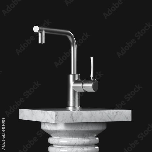 Modern Stainless Steel Kitchen Water Tap  Faucet over Marble Pedestal  Stage  Podium or Column. 3d Rendering