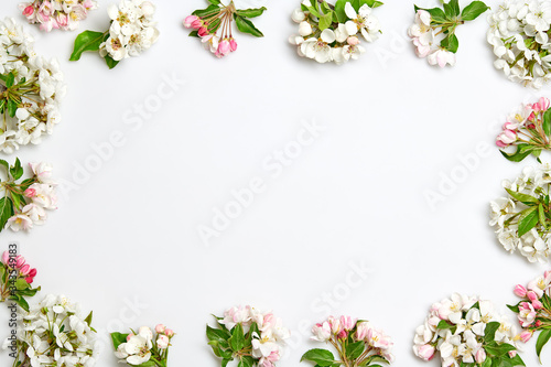 Blossom spring pattern on white background. Beautiful pink bloom flowering border, top view. Creative concept, fashionable trendy flat lay. Springtime blooming frame. © evgenij918