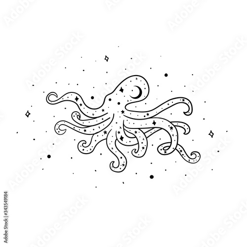 Mystical octopus with moon and stars. Stars, constellations, moon.