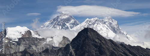Scenic view of Mount Everest 8,848 m and Lhotse 8,516 m at gokyo ri mountain peak near gokyo lake during everest base camp trekking nepal