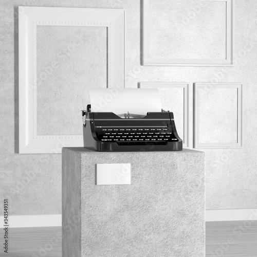 Old Vintage Retro Typewriter over Pedestal, Stage, Podium or Column in Art Gallery or Museum. 3d Rendering