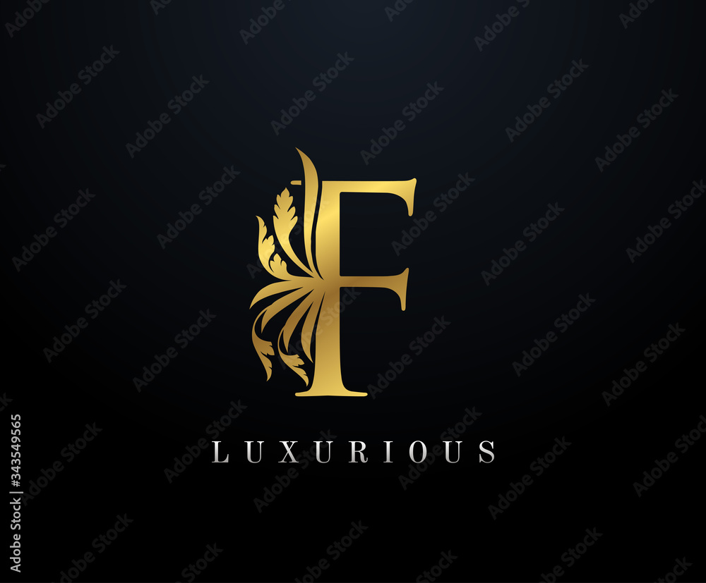 Gold Luxury letter F Floral logo. Vintage drawn emblem for book design, weeding card, brand name, business card, Restaurant, Boutique, Hotel. 