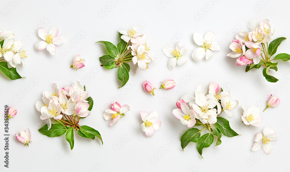 Blossom spring pattern on white background. Beautiful pink bloom flowering wallpaper, top view. Creative fashionable trendy flat lay. Springtime blooming concept.