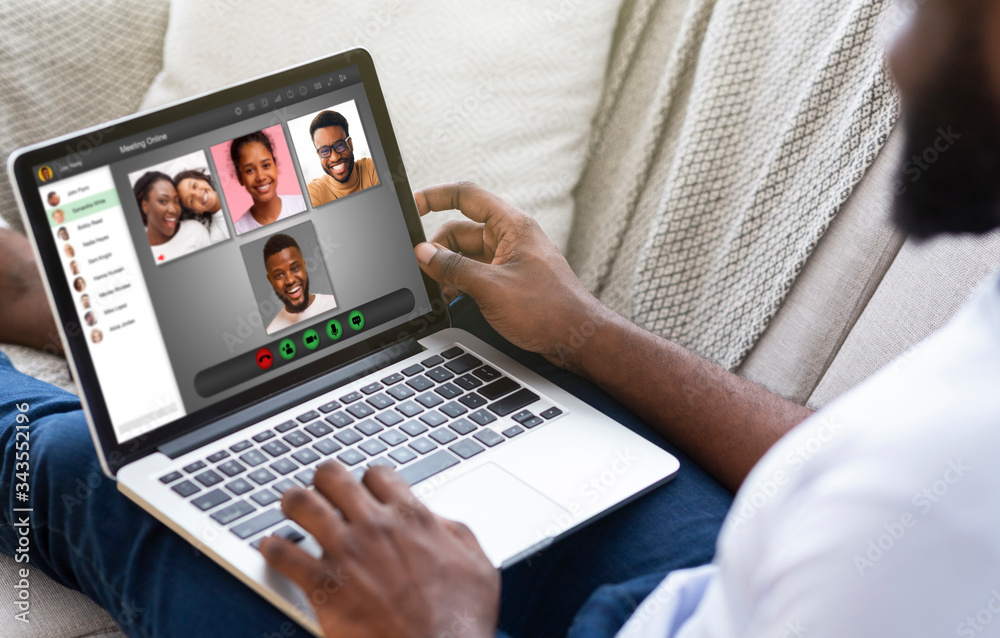 Lockdown communication. African American man having video conference with his family at home, collage Lockdown communication. African American man having video conference with his family at home, collage