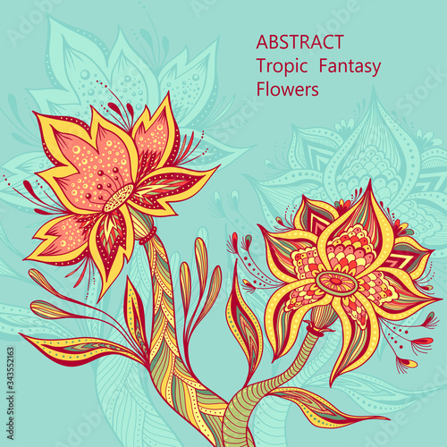 Template from Abstract Dancing Tropic Fantasy flowers in full colors on marine blue  for  cosmetic  perfume or  for hygiene products or  for creative Post Card