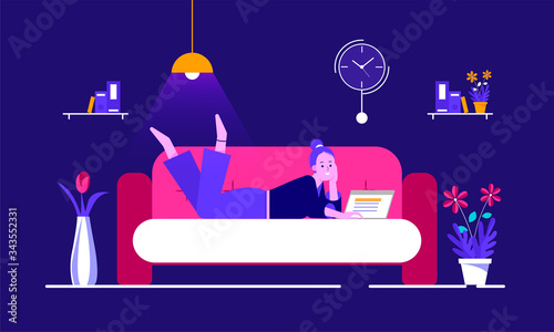 A girl is on sofa with laptop and start working or from home with comfort. Freelance or study concept.