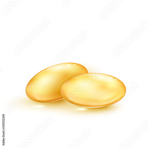 Fish oil. Transparent capsules with nutrition supplement omega 3. Vector illustration isolated on white