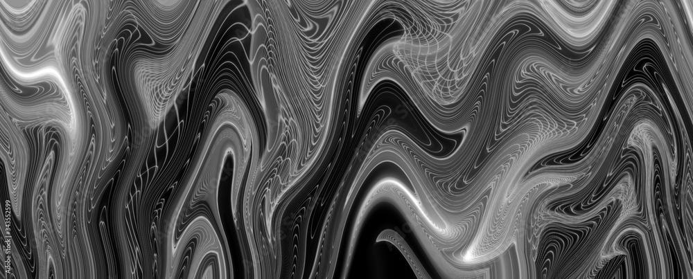 Abstract black and white wavy illustration. Horizontal panoramic background.