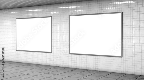 Blank light boxes on white tiles wall
