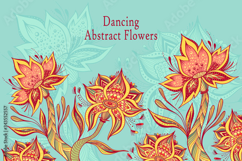 Template from Abstract Dancing Tropic Fantasy flowers in full colors on marine blue  for  cosmetic  perfume or  for hygiene products or  for creative Post Card