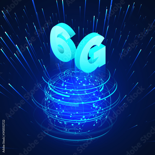 High speed 6G global mobile networks. Business isometric illustration global network hologram and text 6g. Wireless web banner. Modern data transfer technology. Vector