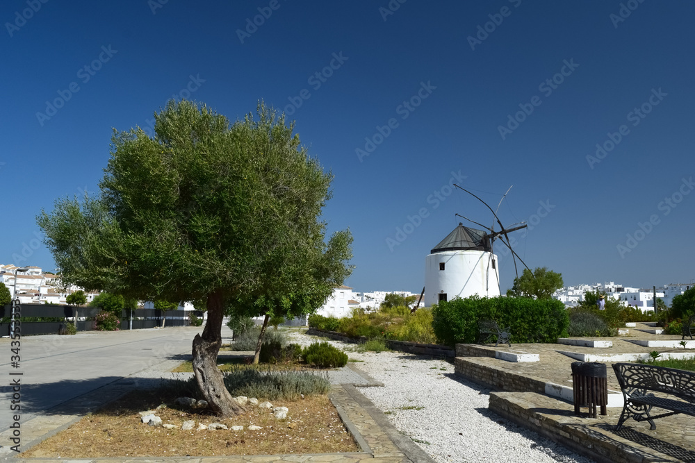 Park of Vejer de la Frontera with windmill in Andalusia, Spain