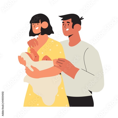 Mother feeding a newly born child or baby with breast while husband or father stand hugging them. Happy healthy family and young parents concept. World Breastfeeding Week vector illustration.