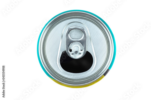 aluminum soft drink can, top view. for beverage packaging isolated on a white background