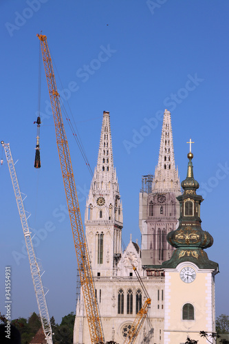 Removal part of the left tower of Zagreb Cathedral, damaged in the earthquake of March 22. 2020. The right tower itself collapsed.