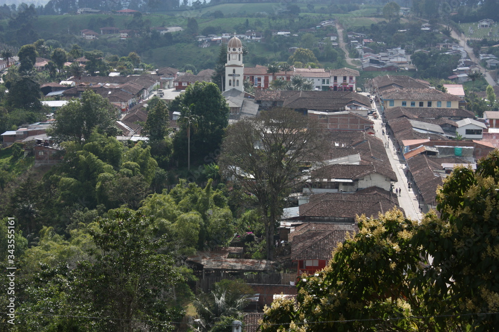 Aerial view of the small Andean peasant village of Salento, in the Quindio coffee region, near the Cocora Natural Park. Andes. Colombia.