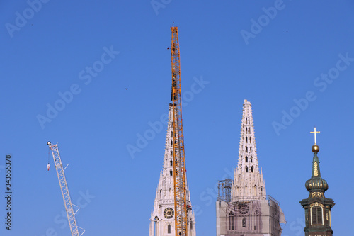 Removal part of the left tower of Zagreb Cathedral, damaged in the earthquake of March 22. 2020. The right tower itself collapsed. © smuki