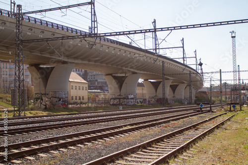 train bridge in the city in Prague . Train railways in Czech