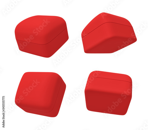 3d rendering of set of four closed red ring boxes shown from different angles isolated on white background.