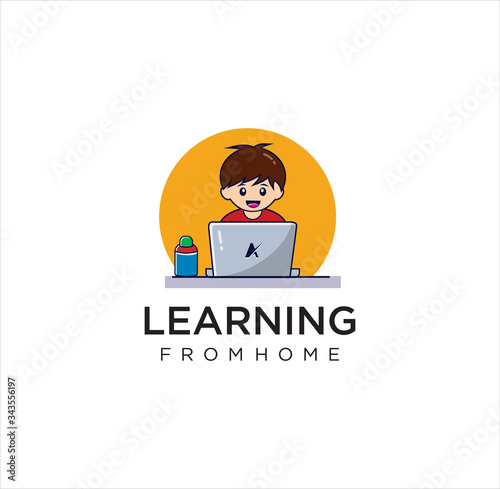 Child home learning logo Design. Learn Online Logo Template. Online education logo template. Distance learning vector design. kids working on laptop computer