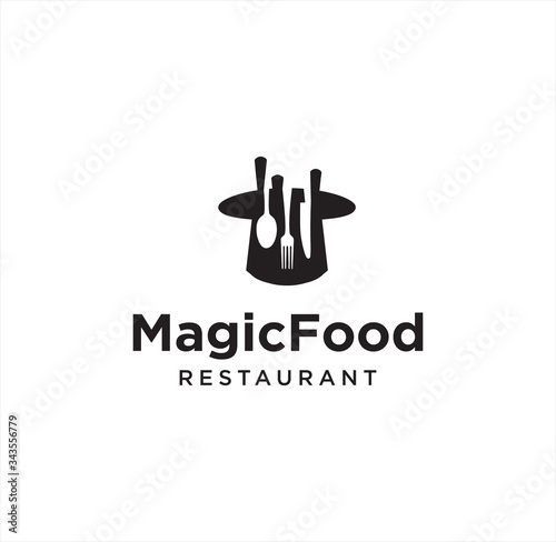 Magic Food Logo Vintage Hipster Retro. fork and spoon food in magic hat logo Design Template.