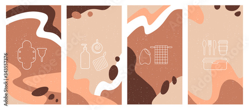 A set of vertical backgrounds with abstract patterns. Templates for social networks with icons on the theme zero waste. The concept of nature conservation, reusable hygiene items, reusable tableware.