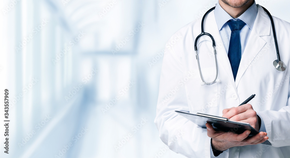 Quality Medical Services. Unrecognizable Doctor In Uniform Taking Notes To Clipboard - obrazy, fototapety, plakaty 