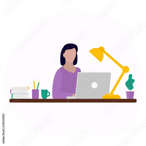 Woman works at a laptop. Fashion trend vector illustration, flat design